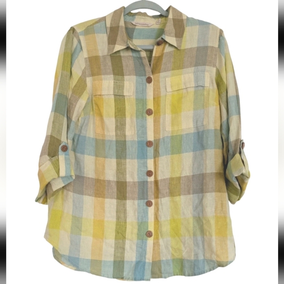 Soft Surroundings Tops - Soft‎ Surroundings Avalon Plaid 100% Linen Button Up Shirt Small Yellow Green